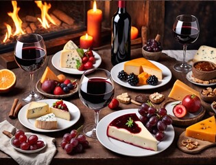 Stunning high resolution photos of a table set for two: semi-sweet red wine, aged and spicy cheeses, fruits and desserts with creamy, caramel, vanilla flavors. Feast