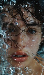 Wall Mural - Close-up portrait of a woman's face with water droplets on her skin. AI.