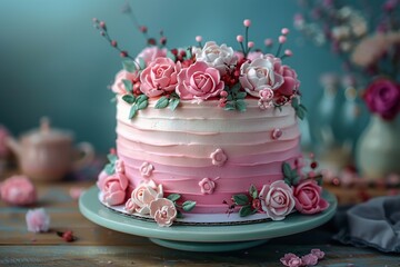 Sticker - Pink Floral Cake on a Blue Background