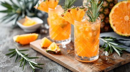 Sticker -   A wooden cutting board with orange slices and a rosemary garnish in two glasses on top