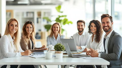 Smiling Business Team Meeting Around Table Photo