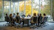 © bird_saranyoo - A panel of speakers engage in lively podcast discussions in a contemporary conference room with large windows.