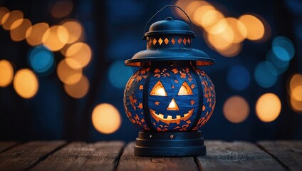 Two halloween lanterns with evil eyes and face on a wood table with a spooky dark blue background at night with light bokeh