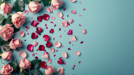 Poster -   Pink and red roses on a blue background with scattered petals and leaves