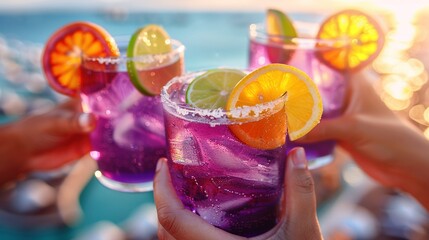 Sticker -   A group of people holding up glasses filled with purple and orange liquid and garnished with limes and orange slices