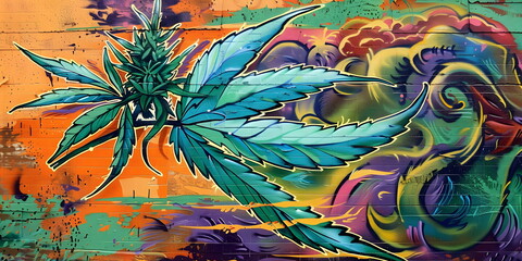 Abstract psychedelic cannabis leaf painted on wall in graffiti style