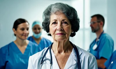 Wall Mural - Portrait of mature female doctor in front of group of medical workers