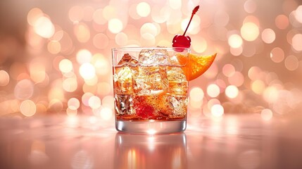 Sticker -   Close-up of a drink on a table with ice and cherry, lit by a bouquet of lights