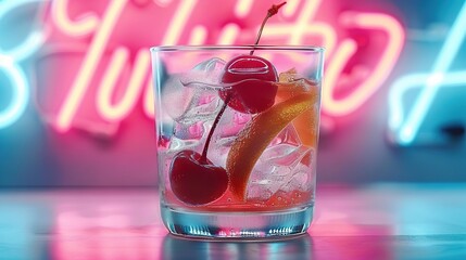 Sticker -   Close-up of drink in glass with ice and cherries on table near neon sign