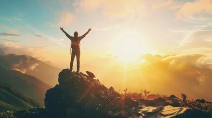 Wall Mural - Silhouette of successful businessman keeping hands up hiking on the top of mountain. Celebrating success, winner and leader concept