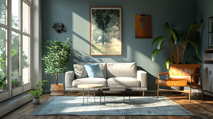 A bright living room with a large window, a white couch, and an armchair, bathed in sunlight streaming through the window.