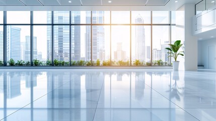 A high-resolution photo of a clean and modern office interior with large windows, soft lighting,