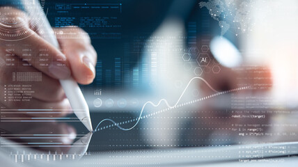 Wall Mural - data science, business intelligence concept. businessman using digital tablet computer analyzing big