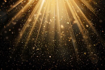 spotlight shines down from the top of empty stage, creating a golden light effect on a black background. A white beam with glittering particle and dust forms a sparkling trail for celebration or award