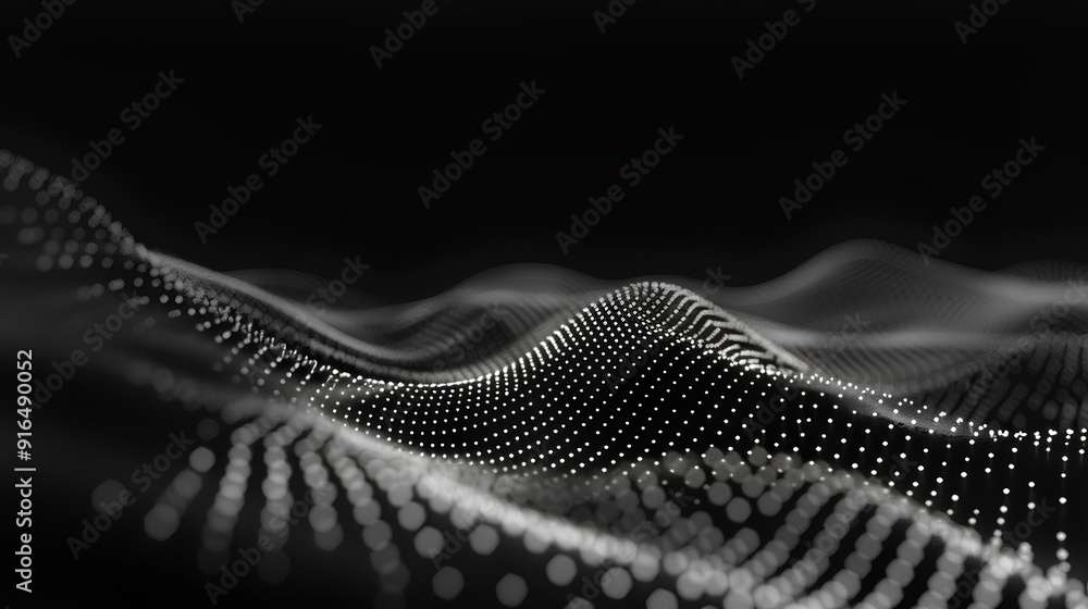 Abstract black background with a wave of dots and lines in motion ...