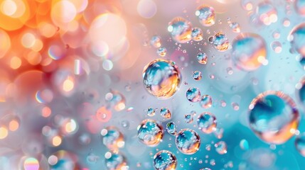 Wall Mural -   A cluster of airborne bubbles shimmering on a vibrant azure-pink canvas, with abundant light reflection