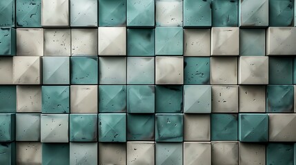 A background of geometric patterns, repetitive square shapes, classic and balanced design, muted colors of grey and teal, clean lines, hd quality, natural look. --ar 16:9 --v 6.0 --s 250 --style raw