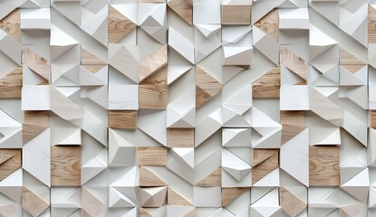 3d render of white and wood geometric seamless pattern with interlocking triangles creating an illusionary scene