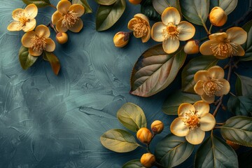 Wall Mural - A sophisticated floral wallpaper with a black background, highlighting a bunch of leaves and flowers with ample copy space