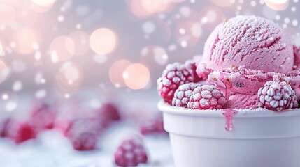 Wall Mural -   A bucket brimming with pastel ice cream stands near a vibrant pile of raspberries against a hazy backdrop