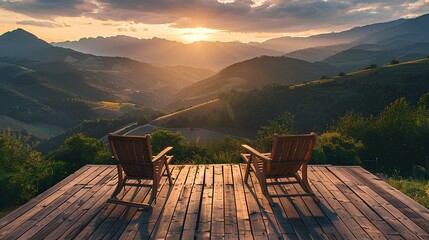 Wooden terrace with two armchairs overlooking the valley and mountains at sunrise, countryside landscape