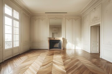 Wall Mural - Empty living room with herringbone parquet floor and fireplace in white empty apartment in Paris, France.