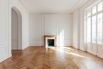 Wall Mural - Empty living room with herringbone parquet floor and fireplace in white empty apartment in Paris, France.