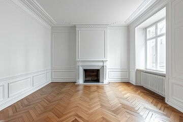 Wall Mural - Empty living room with herringbone parquet floor and fireplace in white empty apartment in Paris, France.