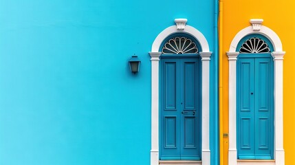   A blue and yellow building with two blue doors and a yellow wall featuring a light fixture