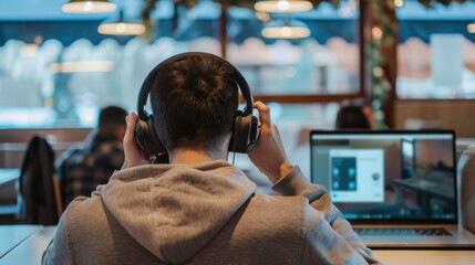 A man is sitting in front of a laptop with headphones on