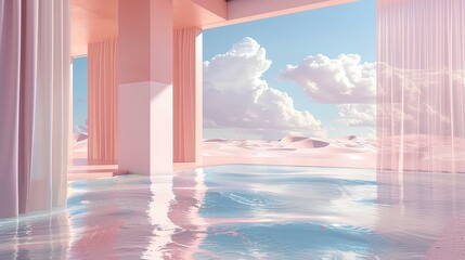 Wall Mural - 3d render of an open space with water on the floor, view from inside looking out at desert landscape with clouds in sky, pink walls and curtains