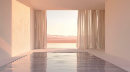 Wall Mural - 3d render of an open space with water on the floor, view from inside looking out at desert landscape with clouds in sky, pink walls and curtains