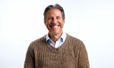 Poster - Environmental portrait video of a grinning man in his 40s wearing a cozy sweater against a white background