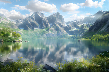 Wall Mural - Serene mountain lake with a reflection of the clouds in the water.