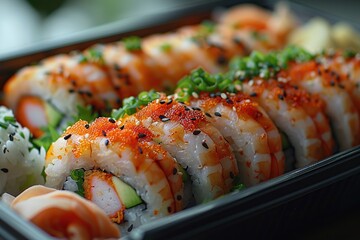 Wall Mural - Close-up of Sushi Rolls with Shrimp, Avocado, and Sesame Seeds