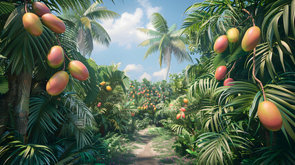 Sticker - Lush tropical jungle path with ripe mangoes hanging from branches.