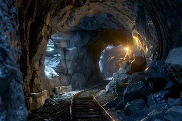 A lone miner walks through a dark and dangerous mine shaft, illuminated by his headlamp.