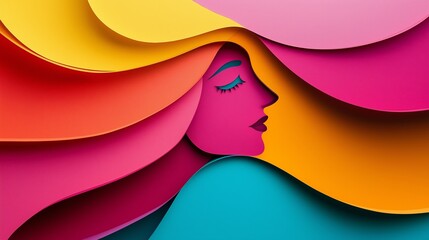 Wall Mural - a woman's face is drawn on a colorful piece of paper. the woman's hair is long and flowing, and she 