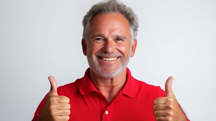 A man in a red shirt is giving a thumbs up. He is smiling and he is happy