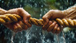 © 沈军 贡 - Close-up of hands holding ropes in the rain,