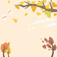 Wall Mural - Autumn landscape, background frame of ginkgo leaves falling in the wind, cute hand drawn illustration / 秋の風景、風に吹かれて落ちるイチョウの葉の背景フレーム、かわいい手描きイラスト