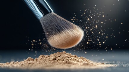 Fluffy powder brush dipped in shimmering golden face powder.