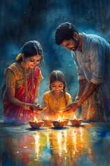 Festive scene of Indian family members lighting Diyas, captured in a vibrant watercolor style, high resolution