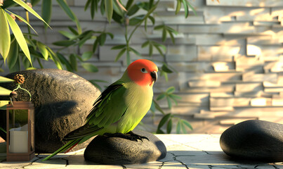 Sticker - A colorful parrot perched on a stone in a tranquil garden setting.