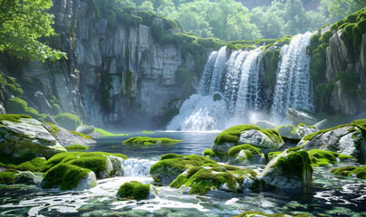 Sticker - Tranquil waterfall cascading over moss-covered rocks in a lush green forest.