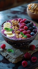 Wall Mural - Delicious and Healthy Acai Bowl with Berries and Banana