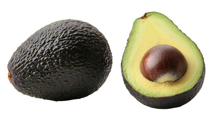 A whole avocado with its dark green skin and one sliced in half to show creamy green flesh and pit, Isolated on transparent background 