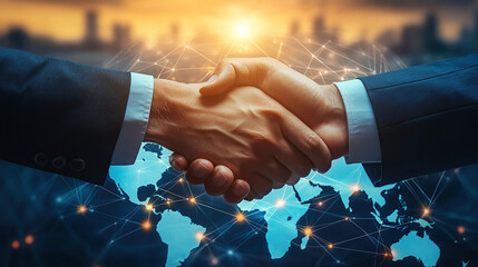 Two business people are shaking hands over a network connection