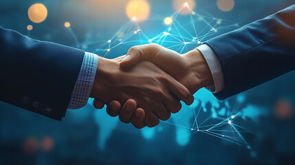 Two business people are shaking hands over a network connection