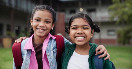 Wall Mural - Students, kids and happy in school with hug on class break for fun, care and support in outdoor. Learners, primary school and support with trust as classmates for recreation and child development.